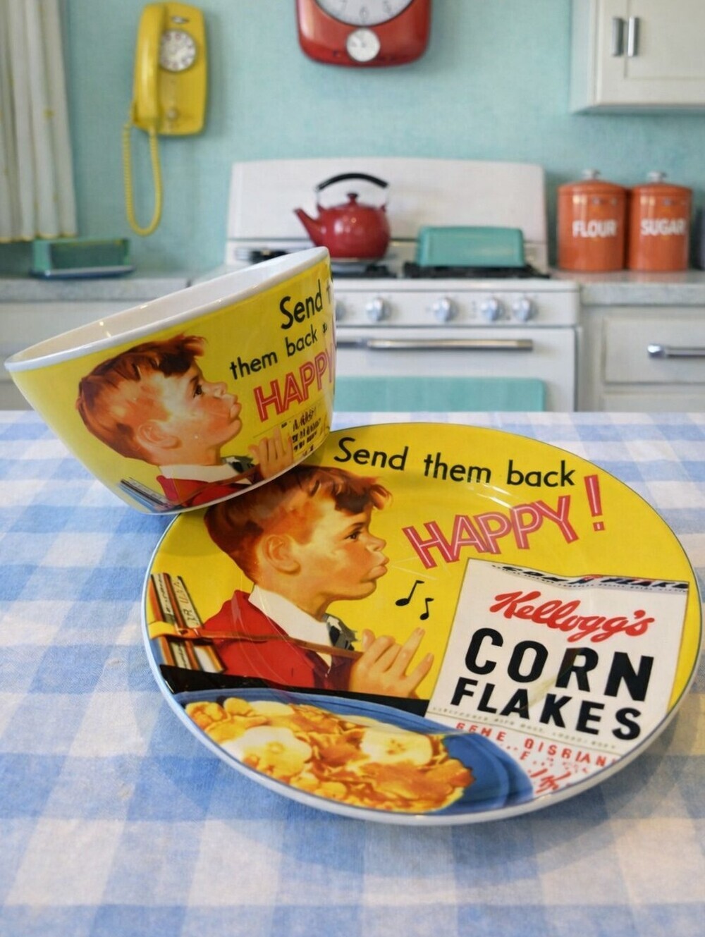 Kellogg's Corn Flakes Vintage Yellow Breakfast Bowl & Plate Set